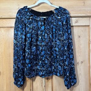 Aqua Black Blue Floral Long Sleeve Blouse Size S